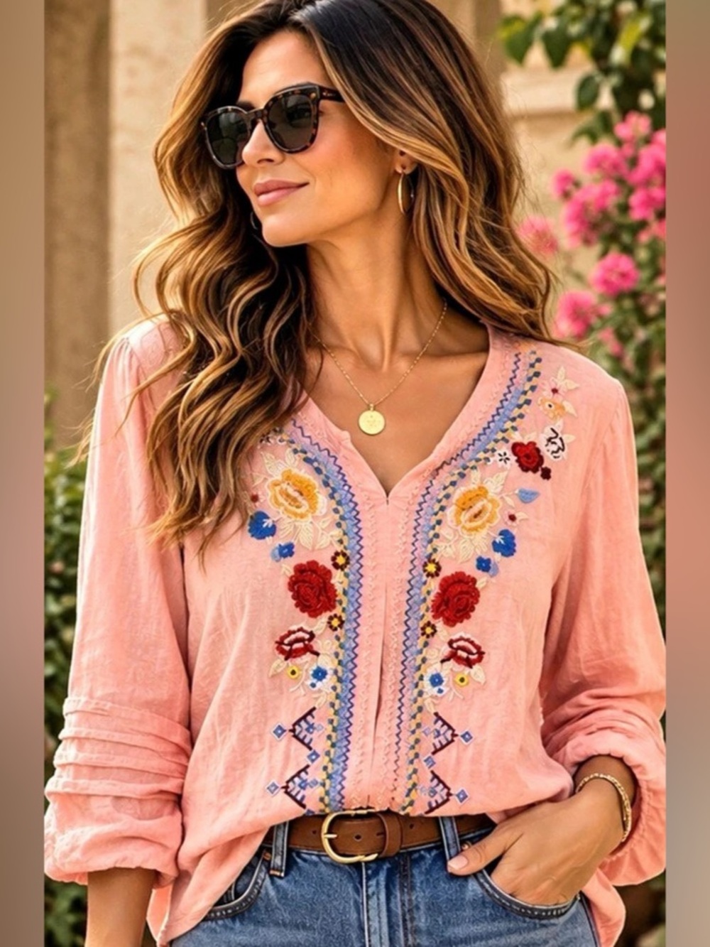 LIV LOS ANGELES Embroidered V-Neck Tunic in Pink XL